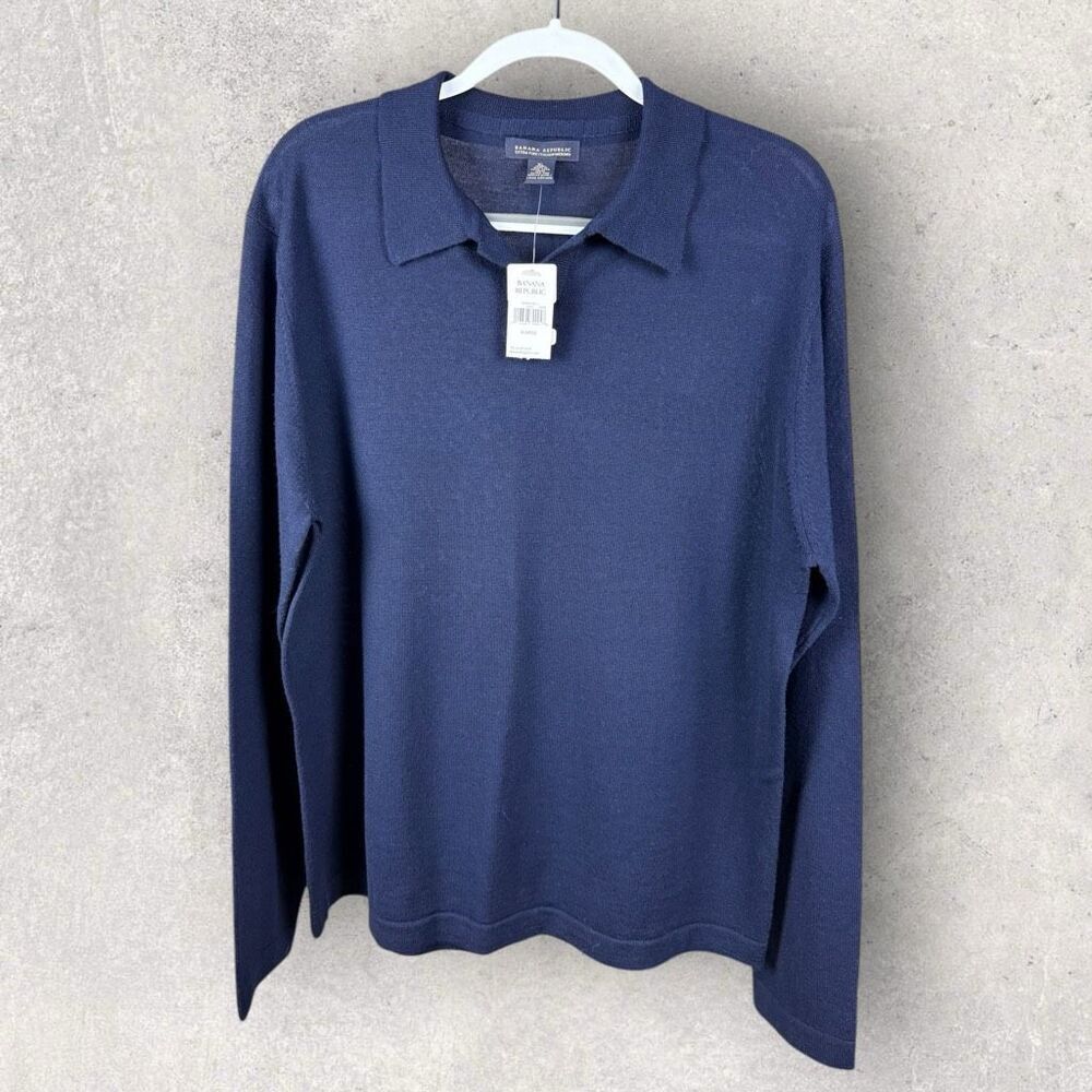 BANANA REPUBLIC Navy 100% Merino Wool Long Sleeve Polo | NWT | XL